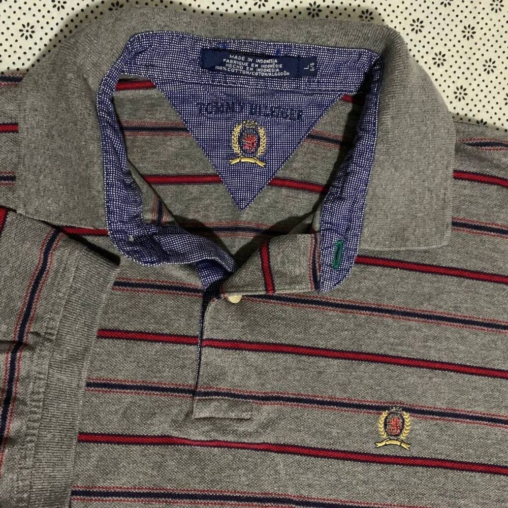VTG Tommy Hilfiger Men's L Striped Cotton Polo Shirt Gray Red Navy Crest Logo